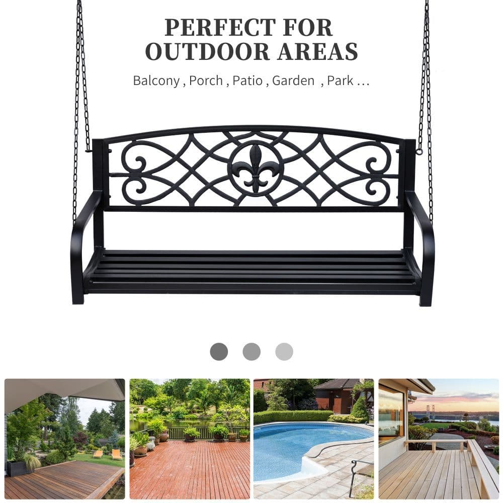 image-Steel Fleur-de-Lis Design Porch Swing Seat Bench with Chains