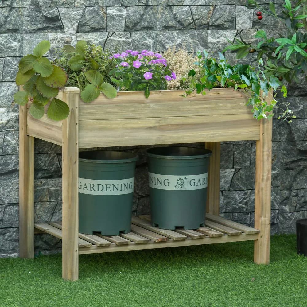 image-Raised Garden Bed with Legs and Storage Shelf, Elevated Wooden Planter Box,