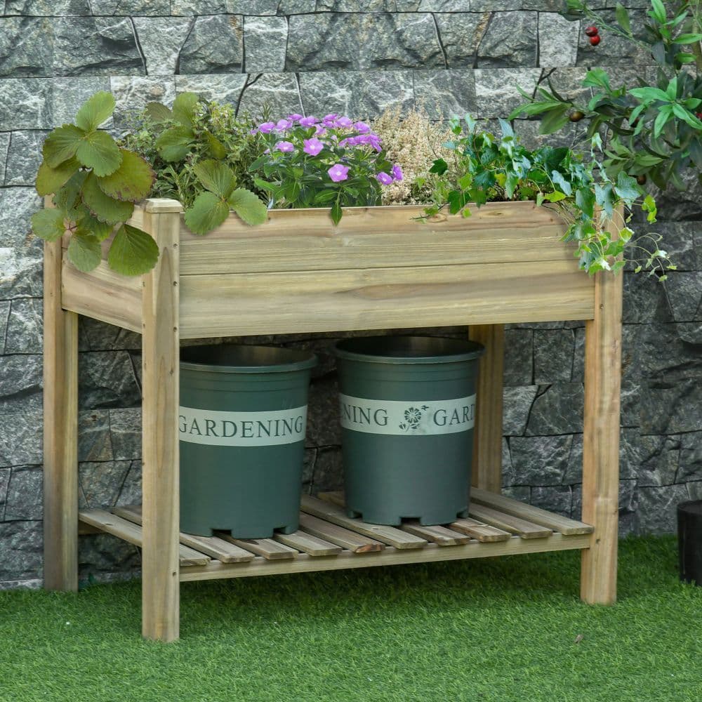 image-Raised Garden Bed with Legs and Storage Shelf, Elevated Wooden Planter Box,