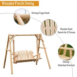 image-Outdoor 2 Seater Porch Swing Wooden Rustic Patio Bench Hammock w/ Armrest