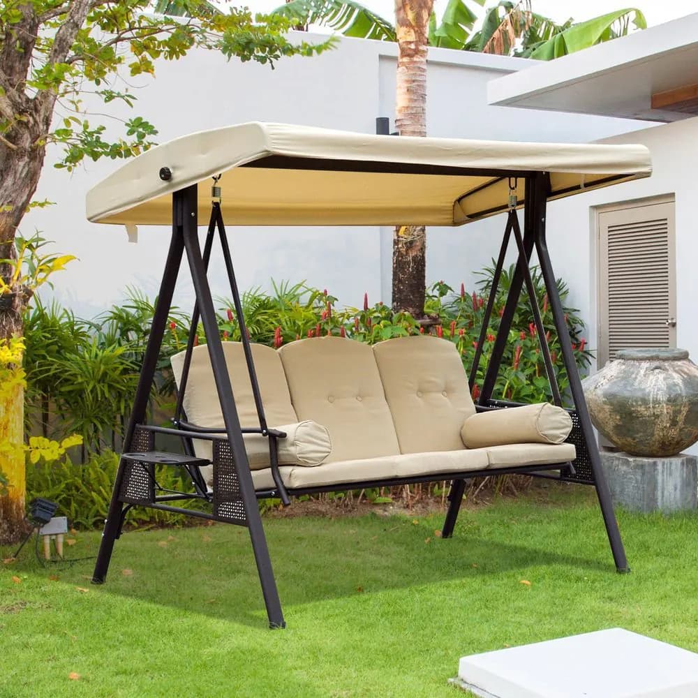 image-Steel Swing Chair Hammock Garden 3 Seater Canopy Cushion Shelter Beige
