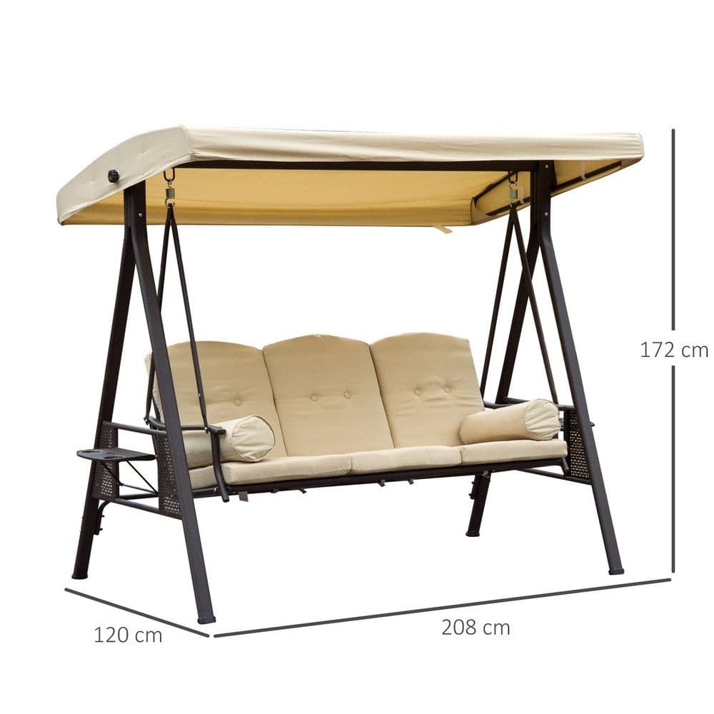 image-Steel Swing Chair Hammock Garden 3 Seater Canopy Cushion Shelter Beige