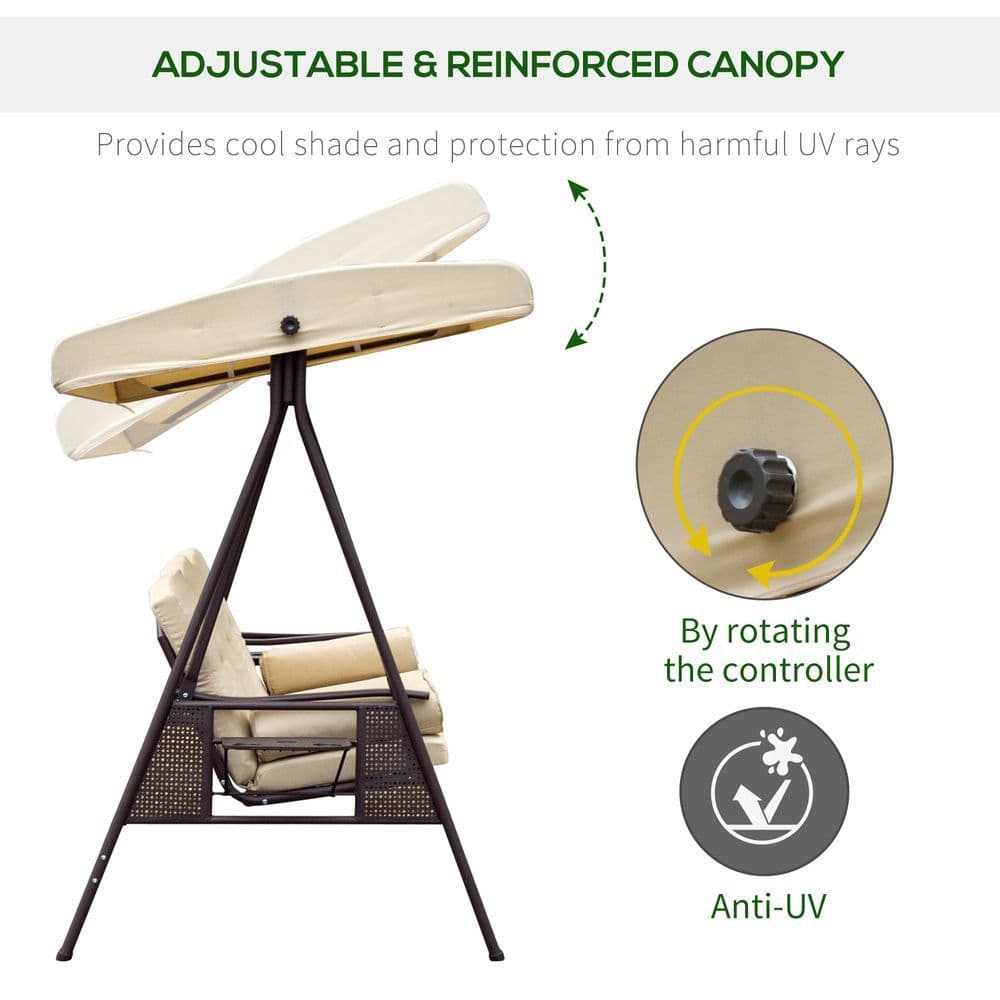 image-Steel Swing Chair Hammock Garden 3 Seater Canopy Cushion Shelter Beige