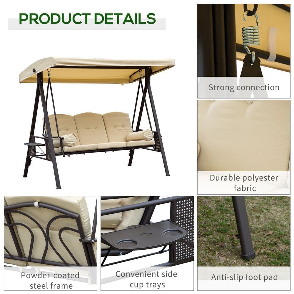 image-Steel Swing Chair Hammock Garden 3 Seater Canopy Cushion Shelter Beige