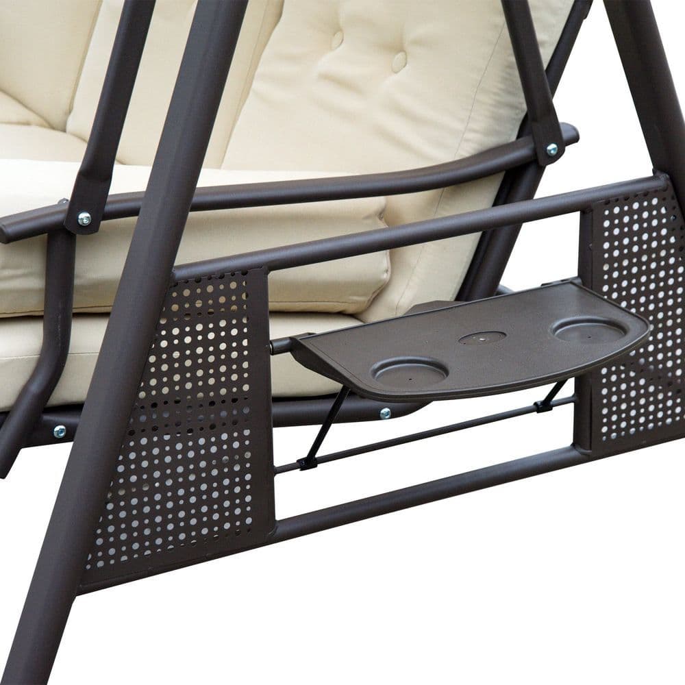 image-Steel Swing Chair Hammock Garden 3 Seater Canopy Cushion Shelter Beige