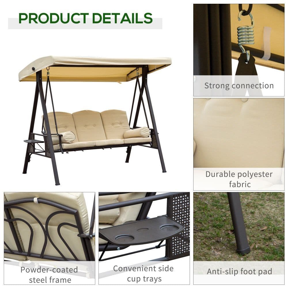 image-Steel Swing Chair Hammock Garden 3 Seater Canopy Cushion Shelter Beige