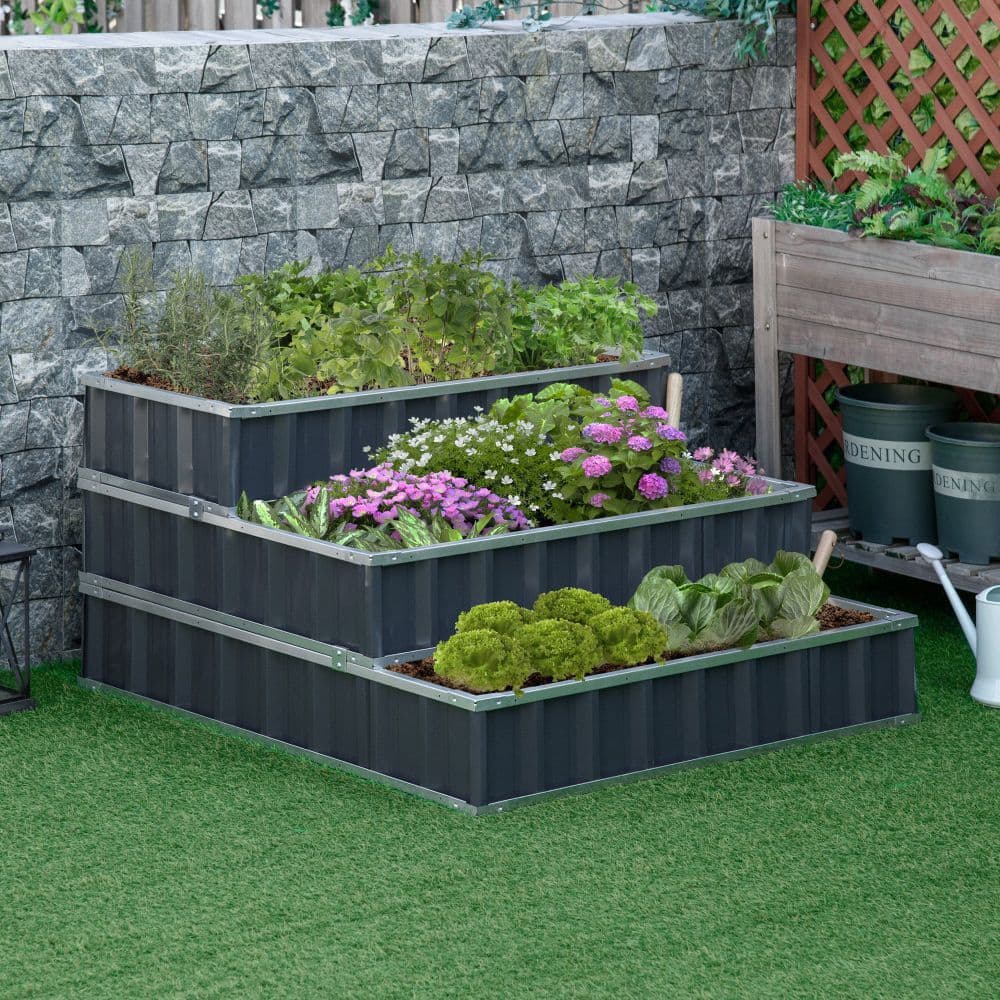 image-3 Tier Raised Garden Bed, Elevated Planer Box Kit A Pairs of Glove Grey