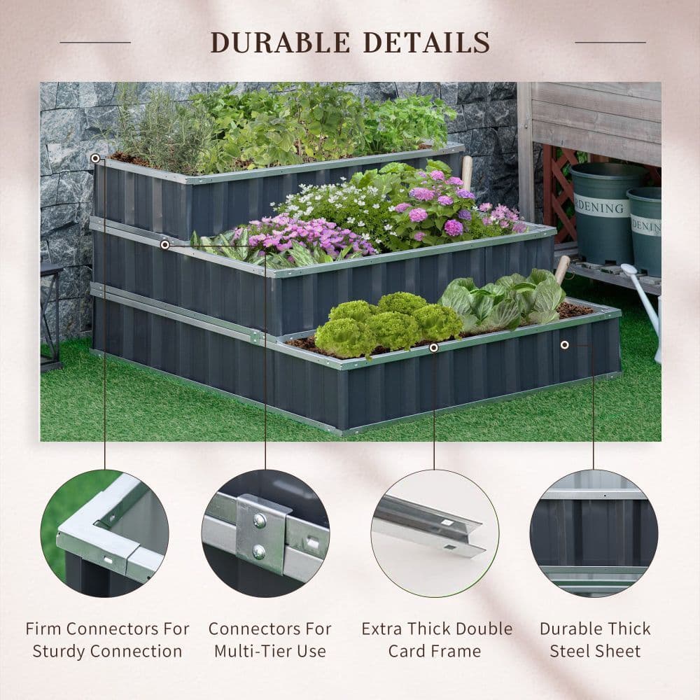image-3 Tier Raised Garden Bed, Elevated Planer Box Kit A Pairs of Glove Grey