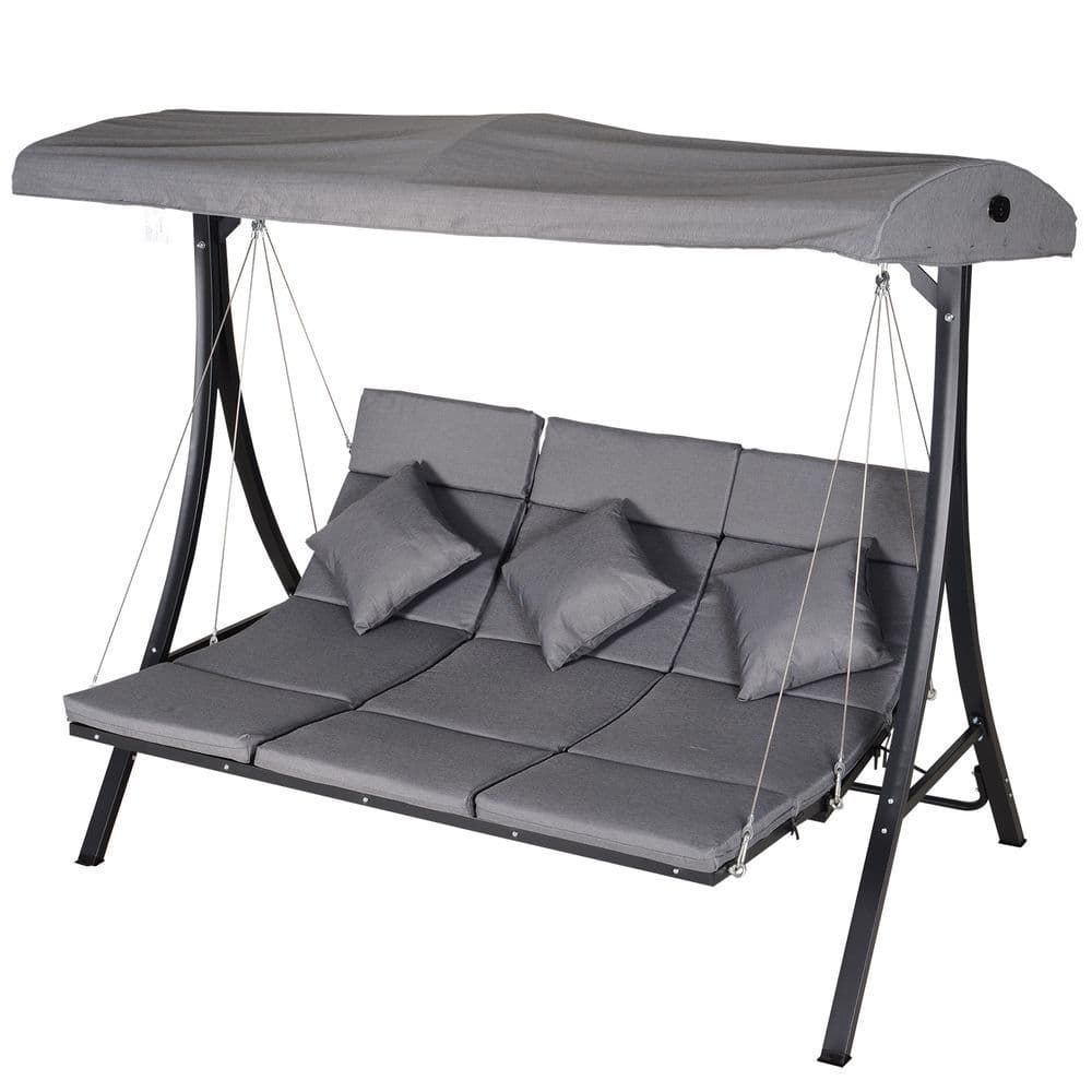 image-Steel Pipe 3-Seater Outdoor Garden Recliner Swing Chair Grey