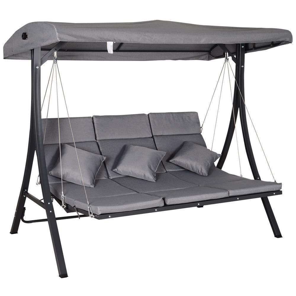 image-Steel Pipe 3-Seater Outdoor Garden Recliner Swing Chair Grey