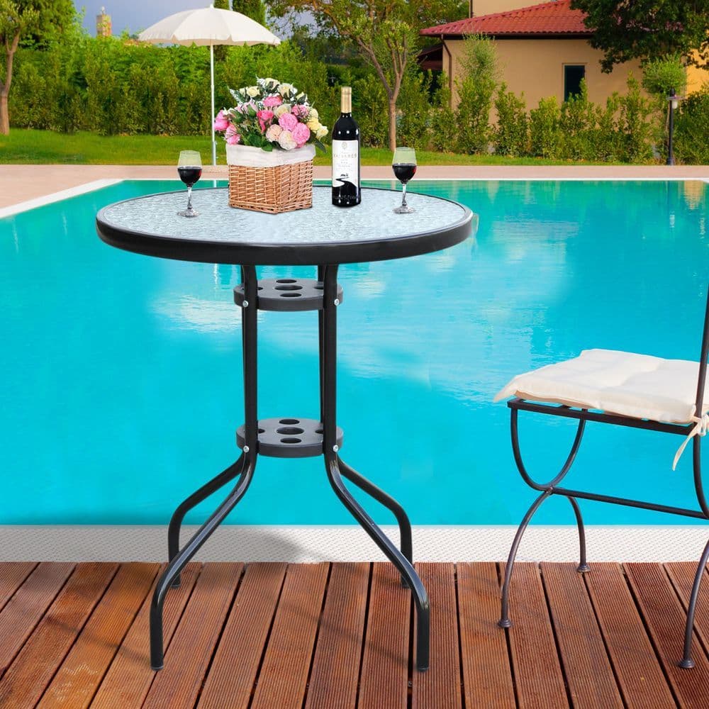 image-60 70H cm Round Metal Table, Tempered Glass-Black
