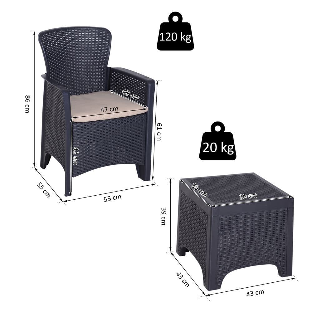 image-3-PCS Garden Coffee Set Rattan Chair with Coffee Table Cushion High Load Patio