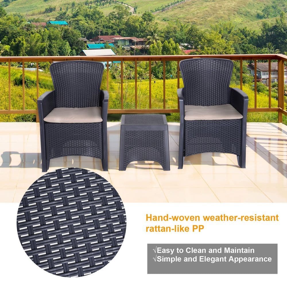 image-3-PCS Garden Coffee Set Rattan Chair with Coffee Table Cushion High Load Patio