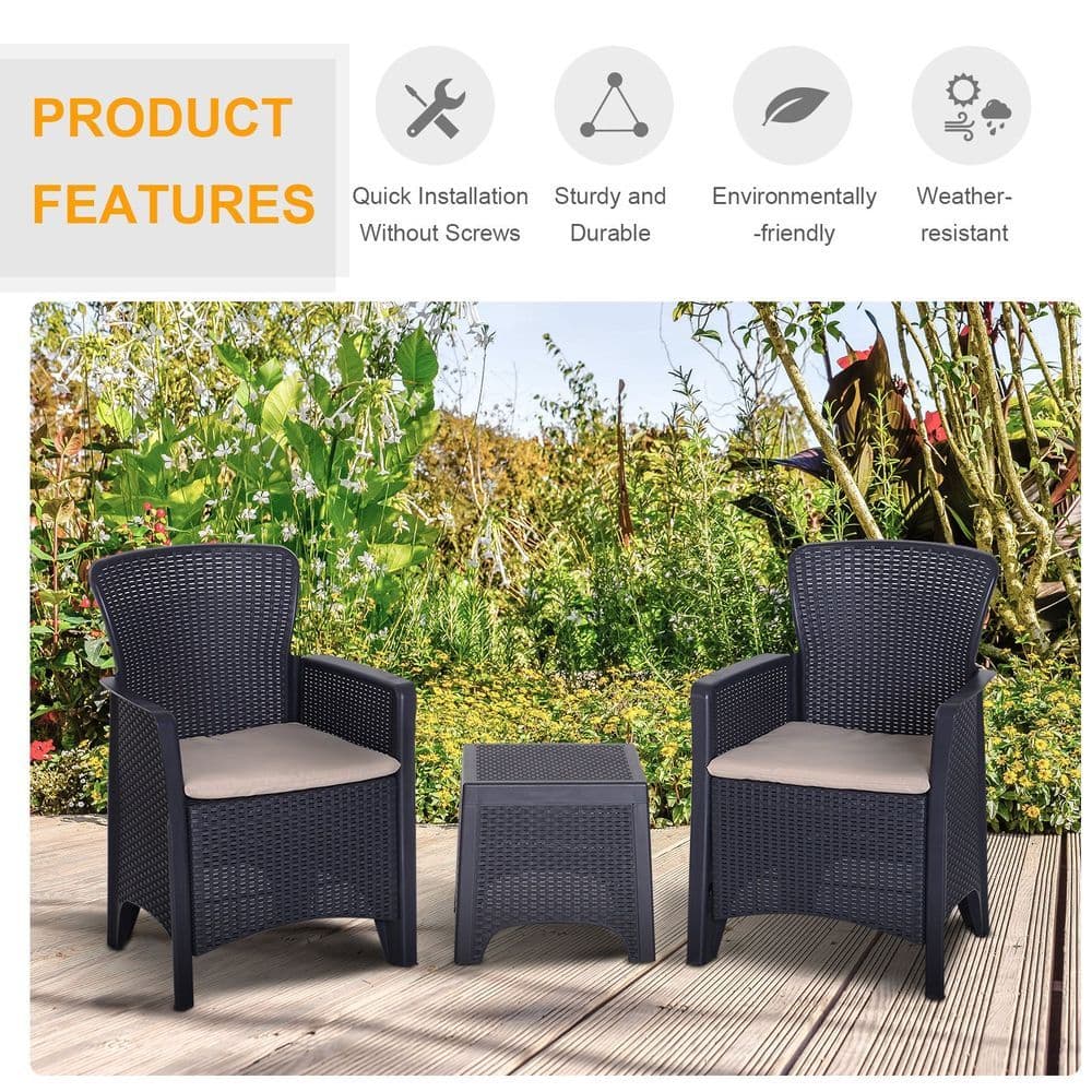 image-3-PCS Garden Coffee Set Rattan Chair with Coffee Table Cushion High Load Patio