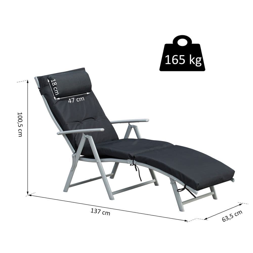 image-Steel Frame Outdoor Garden Padded Sun Lounger w/ Pillow Black