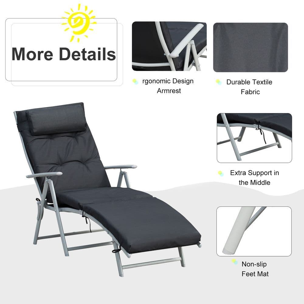 image-Steel Frame Outdoor Garden Padded Sun Lounger w/ Pillow Black