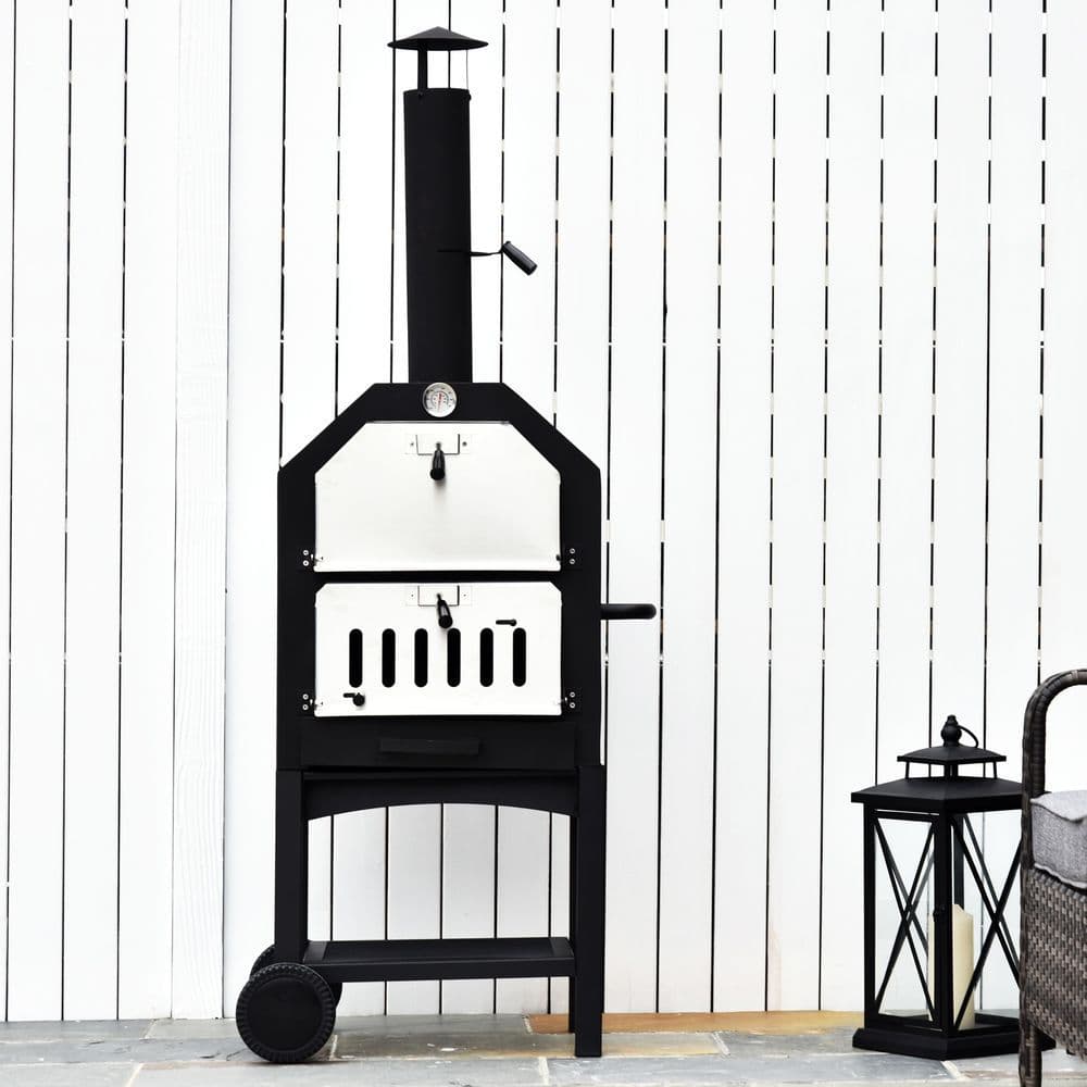 image-Stainless Steel 2-Tier Outdoor Charcoal Pizza Oven