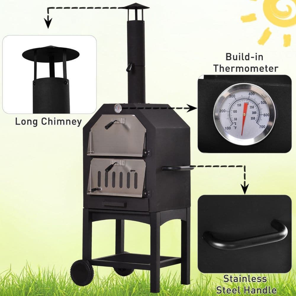 image-Stainless Steel 2-Tier Outdoor Charcoal Pizza Oven