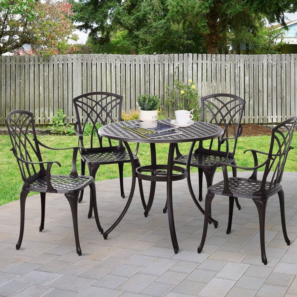 image-Cast Aluminium 4-Seater Outdoor Garden Table & Chair Set Brown