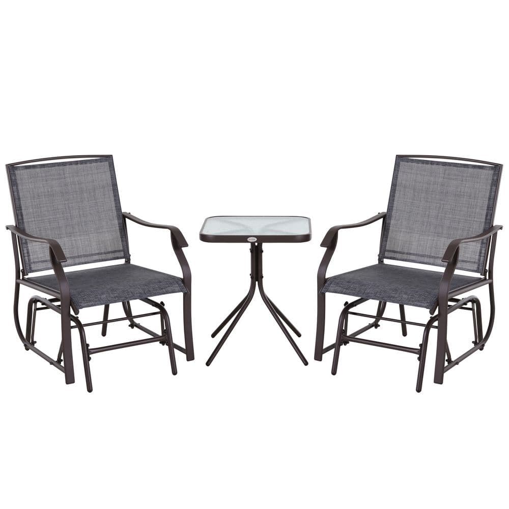 image-Steel Frame Set-of-2 Glider Rocking Chair w/ Table Set Grey