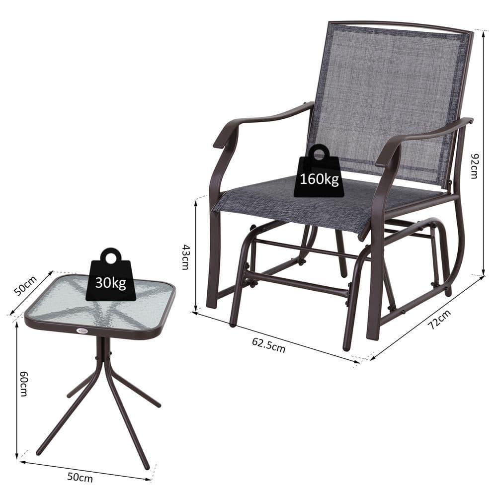 image-Steel Frame Set-of-2 Glider Rocking Chair w/ Table Set Grey