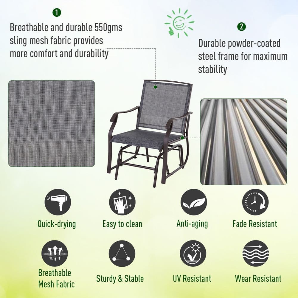 image-Steel Frame Set-of-2 Glider Rocking Chair w/ Table Set Grey
