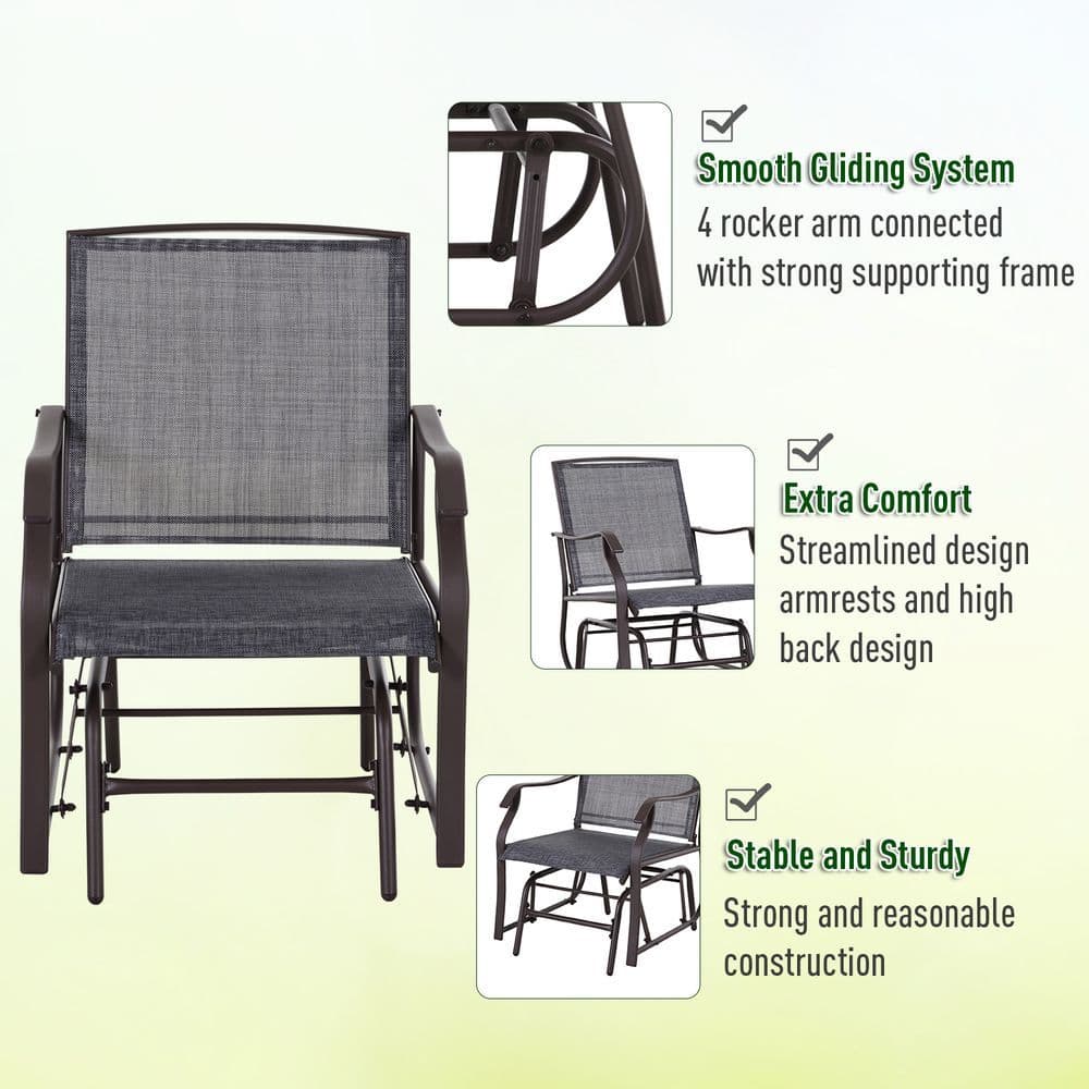 image-Steel Frame Set-of-2 Glider Rocking Chair w/ Table Set Grey