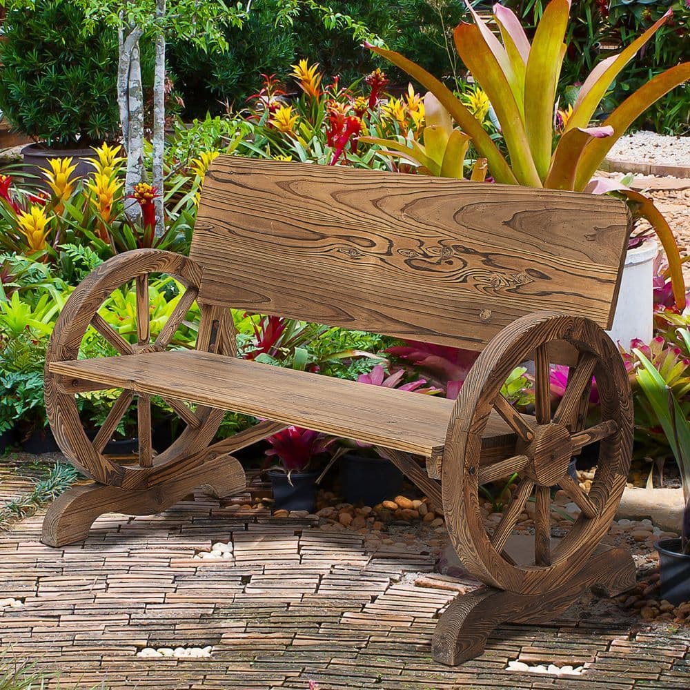 image-Fir Wood 2-Seater Outdoor Garden Wagon Wheel Bench