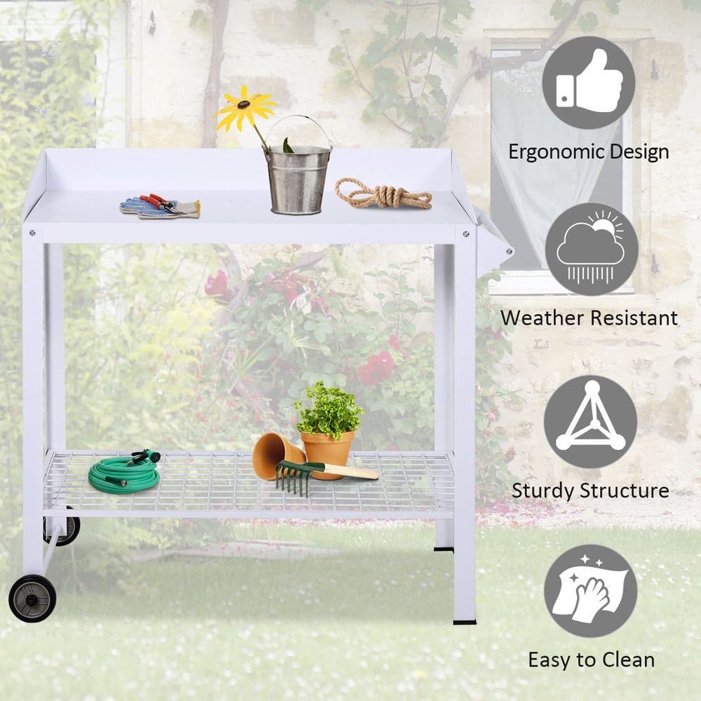 image-Metal Outdoor Garden Potting Table Push Cart White