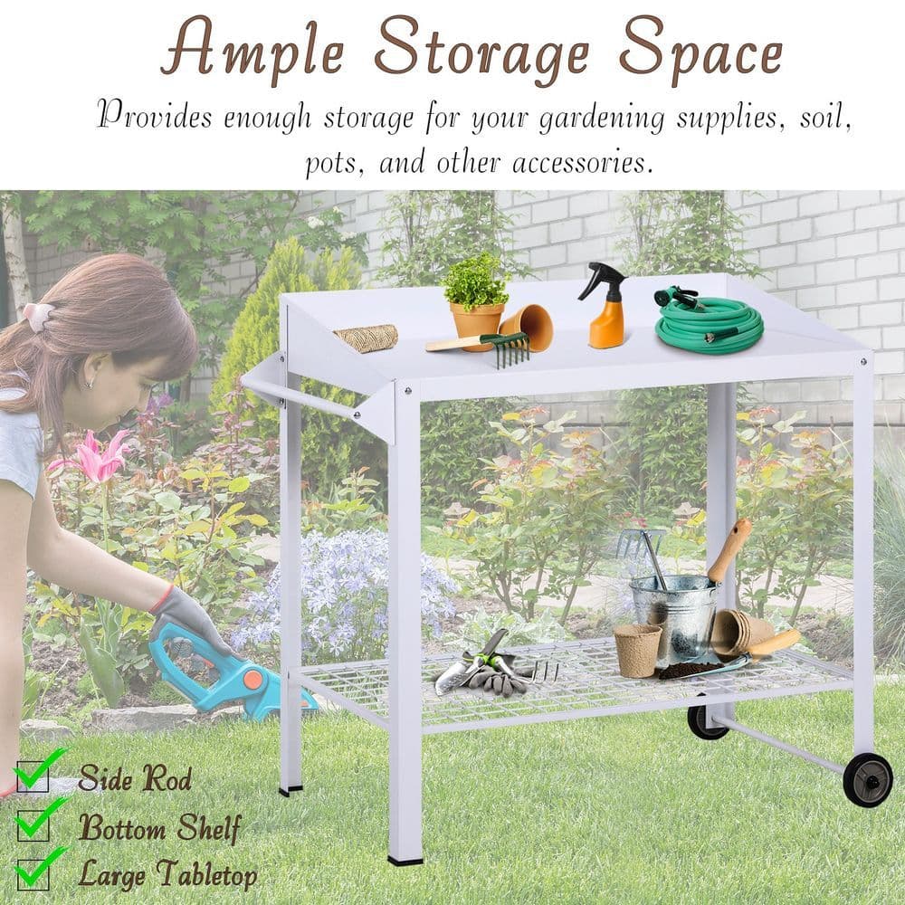 image-Metal Outdoor Garden Potting Table Push Cart White