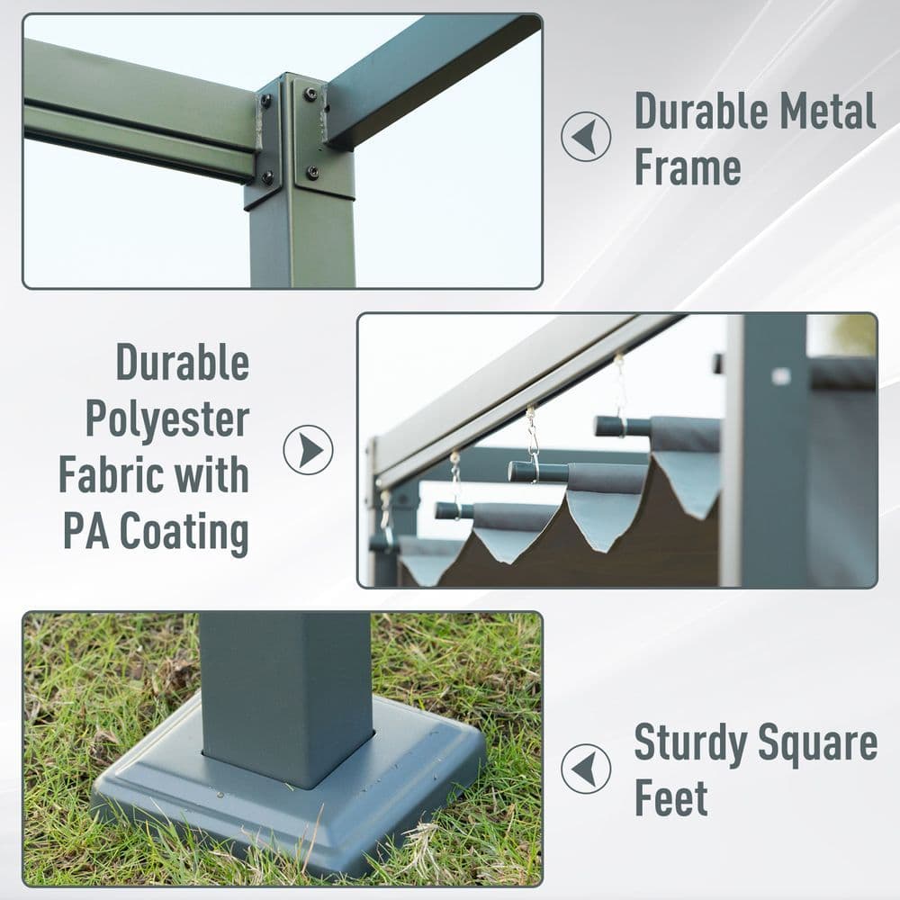 image-Metal Pergola Gazebo Patio Sun Shelter Grape Tent Retractable Canopy Grey