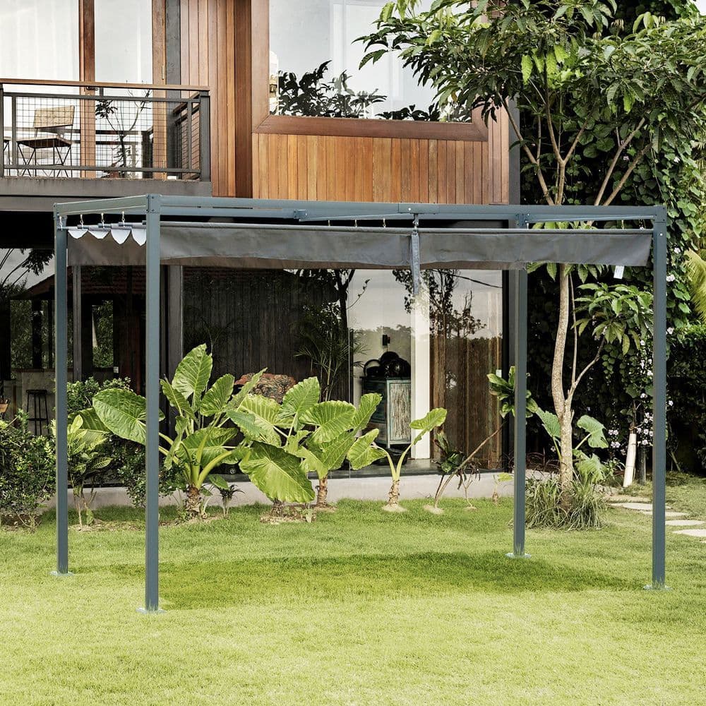 image-Metal Pergola Gazebo Patio Sun Shelter Grape Tent Retractable Canopy Grey