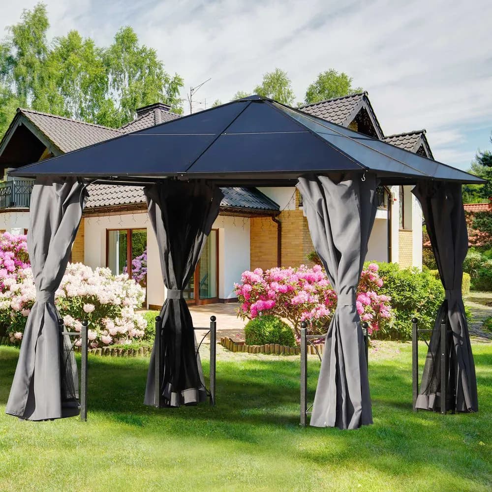 image-3m x 3m Outdoor Aluminium Alloy Gazebo w/ Curtains Dark Grey
