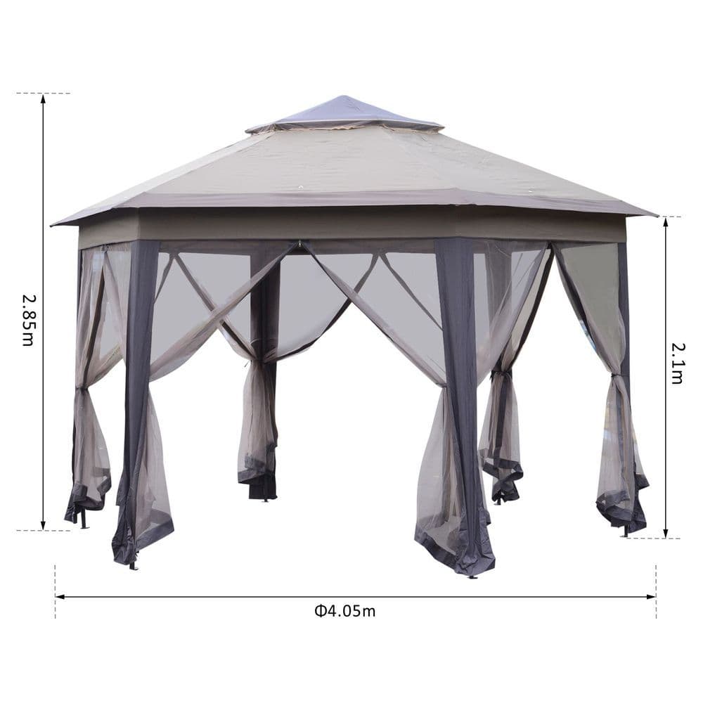 image-4.05m x 4.05m Metal Frame Mesh Draped 2-Tier Roof Gazebo Brown