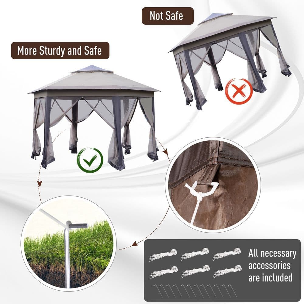 image-4.05m x 4.05m Metal Frame Mesh Draped 2-Tier Roof Gazebo Brown