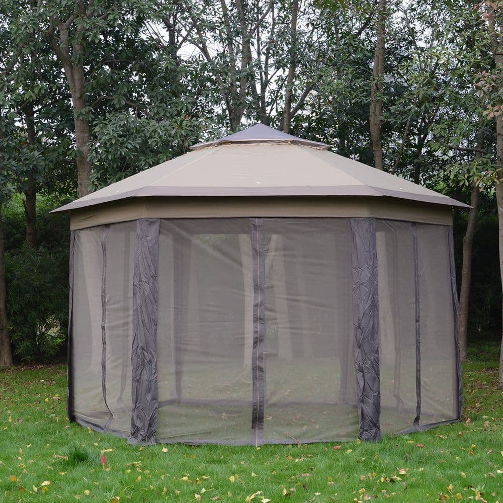 image-4.05m x 4.05m Metal Frame Mesh Draped 2-Tier Roof Gazebo Brown