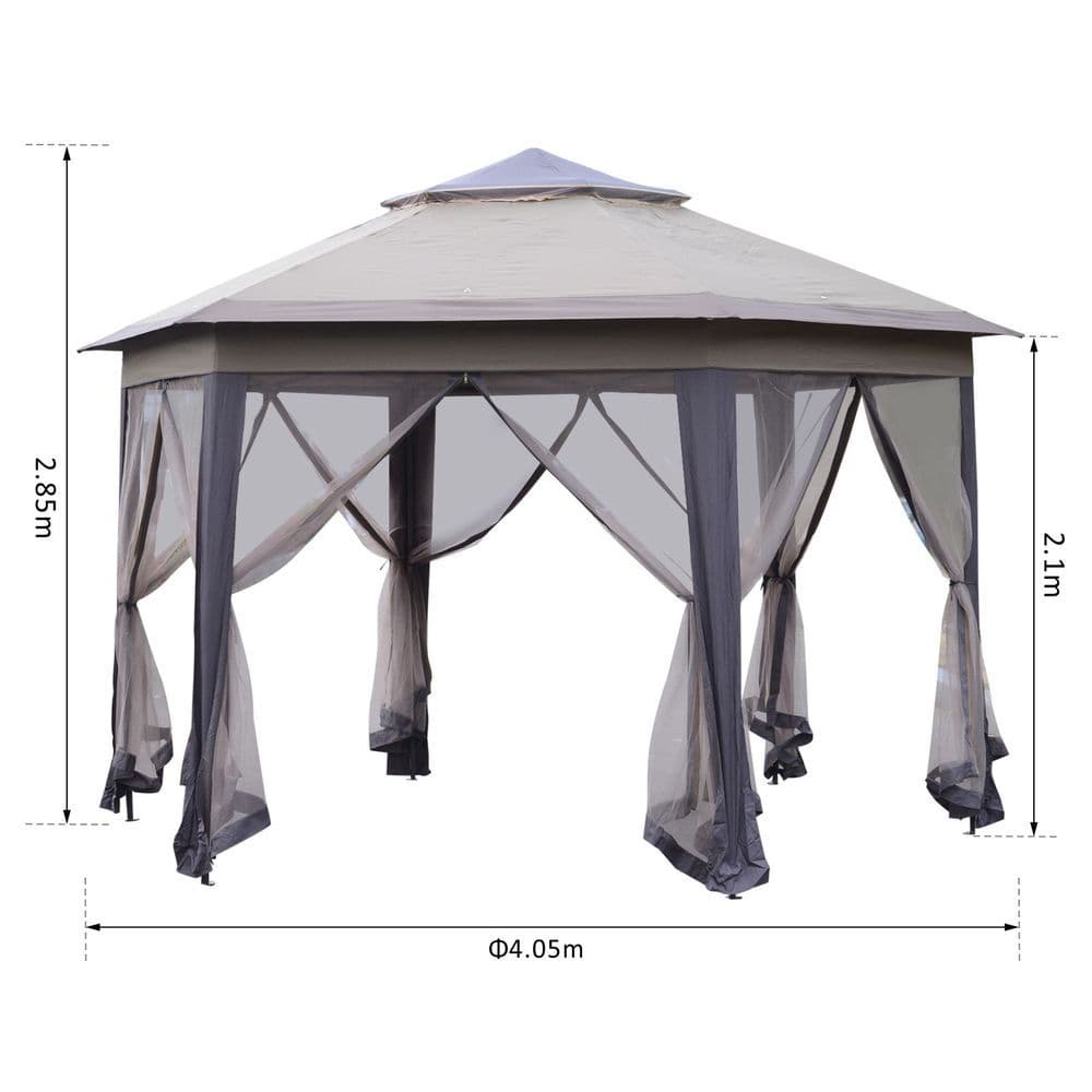 image-4.05m x 4.05m Metal Frame Mesh Draped 2-Tier Roof Gazebo Brown