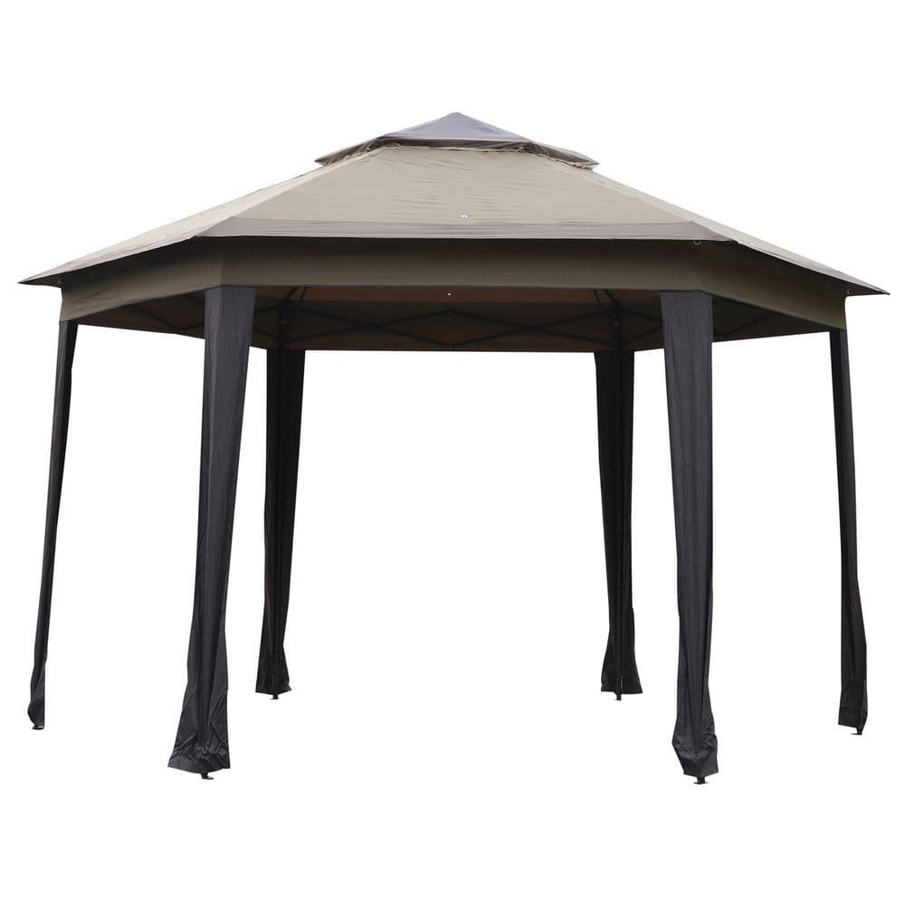 image-4.05m x 4.05m Metal Frame Mesh Draped 2-Tier Roof Gazebo Brown