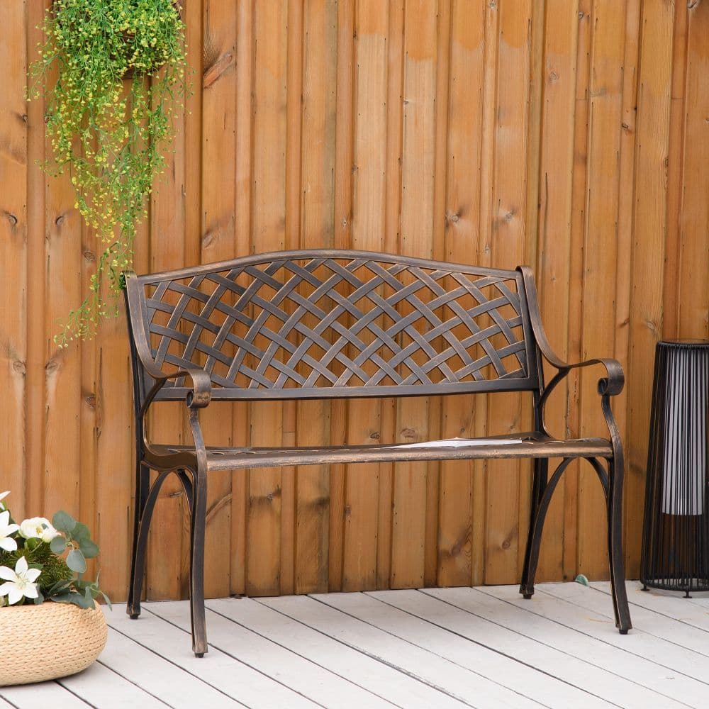 image-Cast Aluminium Bench 2 Seater Patio Porch Park Loveseat Chair, Bronze