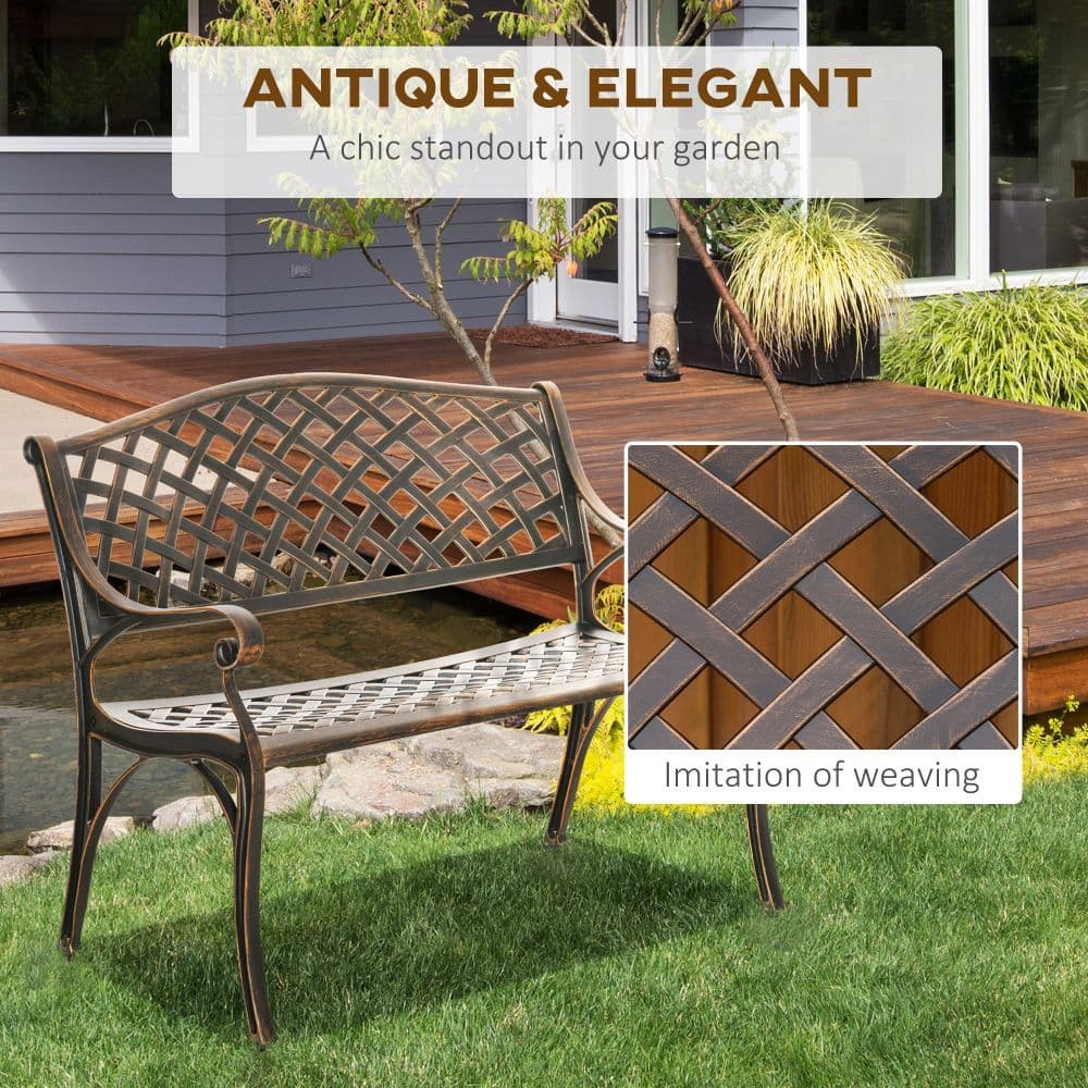 image-Cast Aluminium Bench 2 Seater Patio Porch Park Loveseat Chair, Bronze