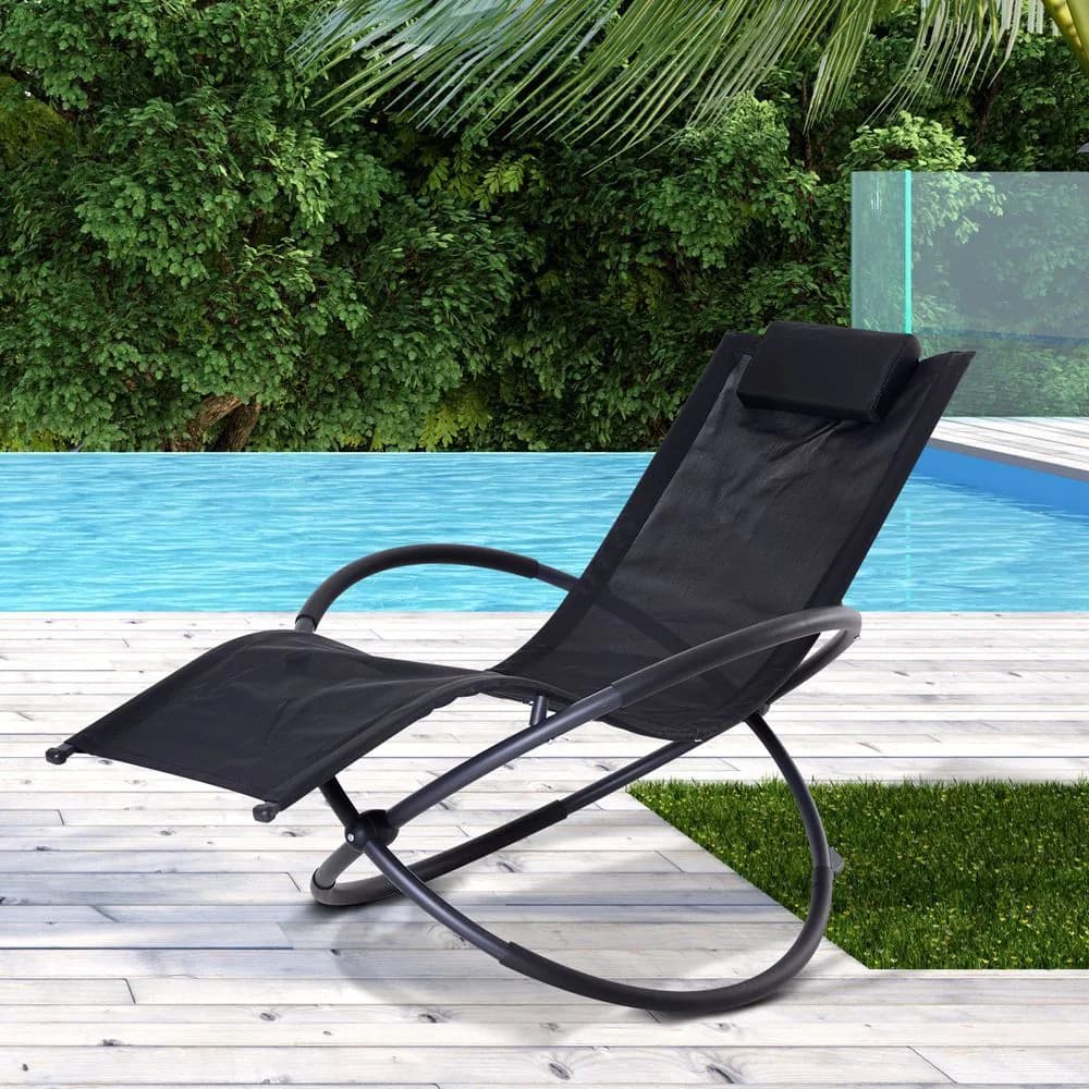 image-Orbital Sun Lounger Rocking Chair Outdoor Zero Gravity Folding w/ Pillow Black