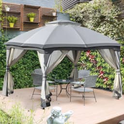 image-4x3m Metal Gazebo Canopy & Netting Sidewalls & Double Tiered Roof, Grey