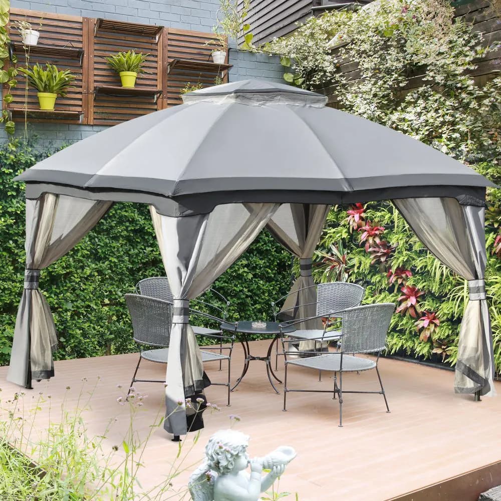 image-4x3m Metal Gazebo Canopy & Netting Sidewalls & Double Tiered Roof, Grey