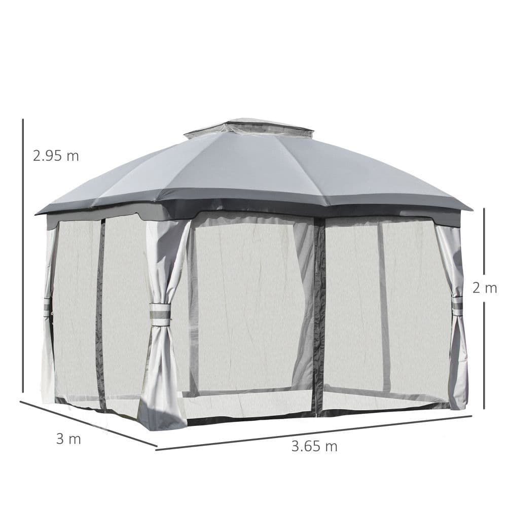 image-4x3m Metal Gazebo Canopy & Netting Sidewalls & Double Tiered Roof, Grey