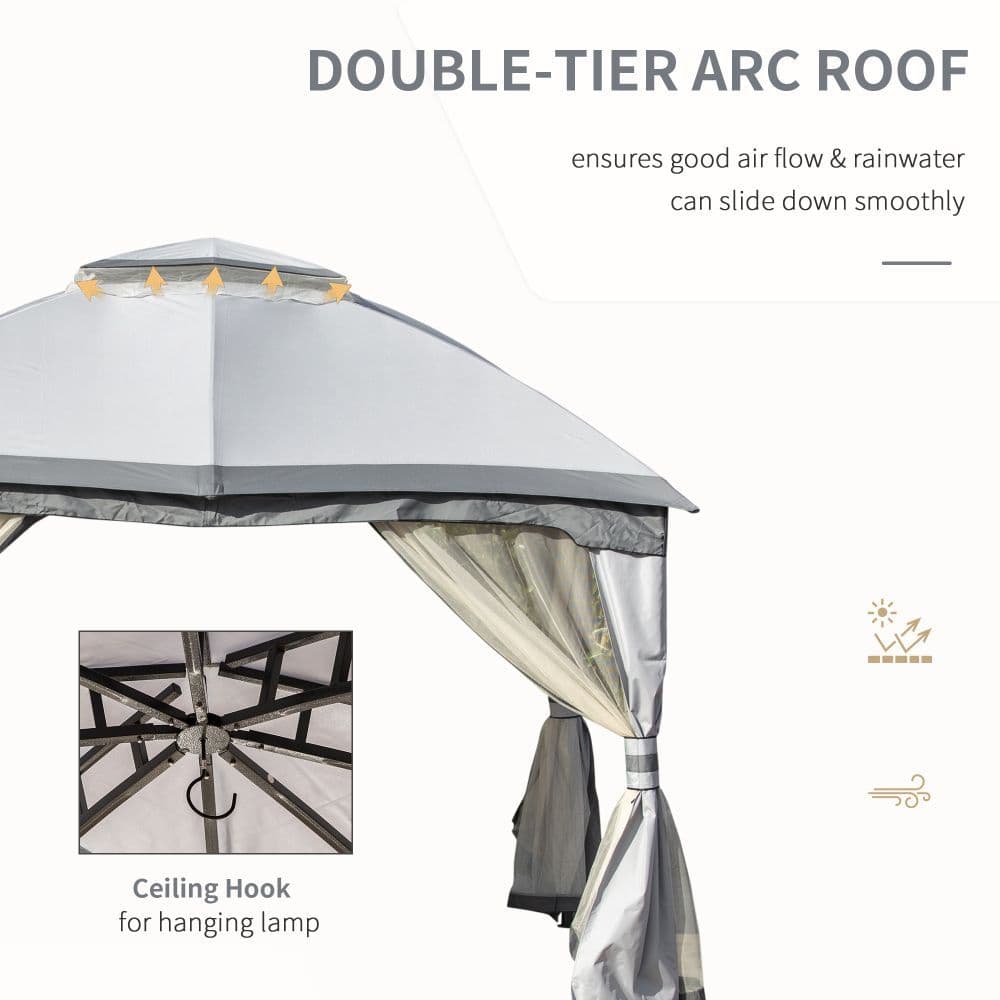image-4x3m Metal Gazebo Canopy & Netting Sidewalls & Double Tiered Roof, Grey