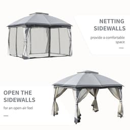 image-4x3m Metal Gazebo Canopy & Netting Sidewalls & Double Tiered Roof, Grey