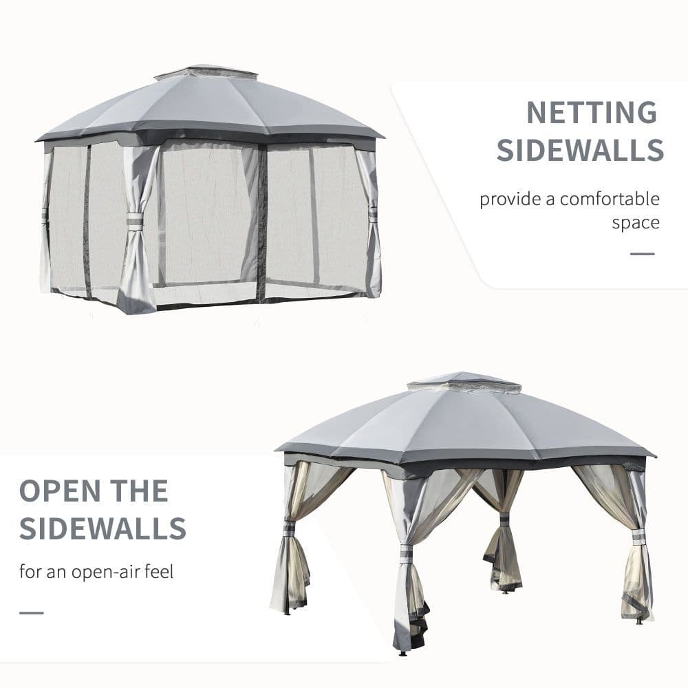 image-4x3m Metal Gazebo Canopy & Netting Sidewalls & Double Tiered Roof, Grey