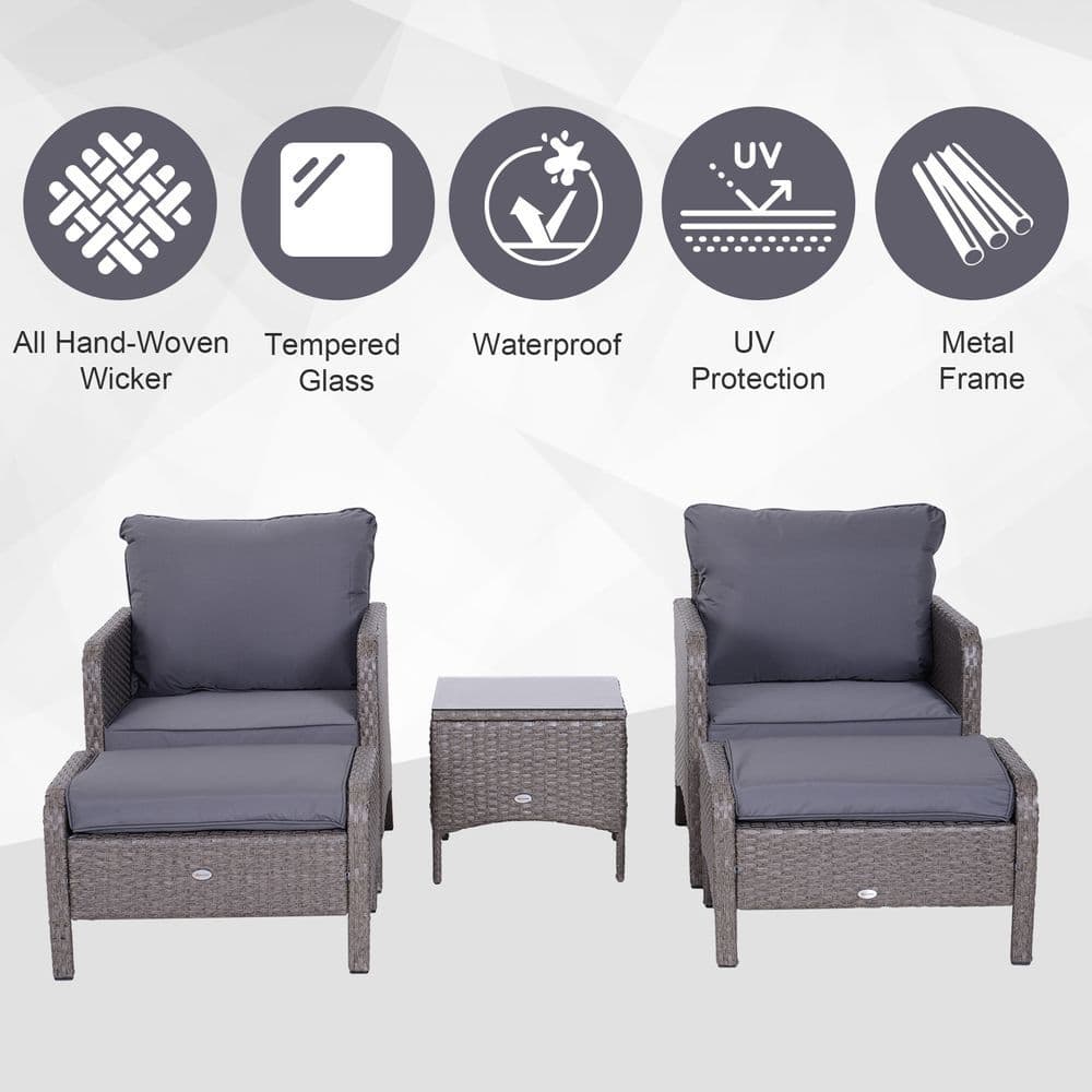 image-5 Pcs Rattan Furniture Set, Steel Frame-Grey