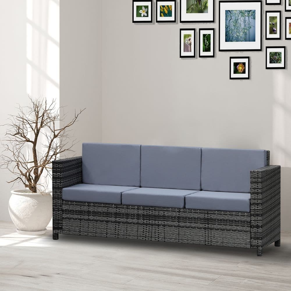 image-3-Seater Weather Resistant Outdoor Garden Rattan Sofa Grey