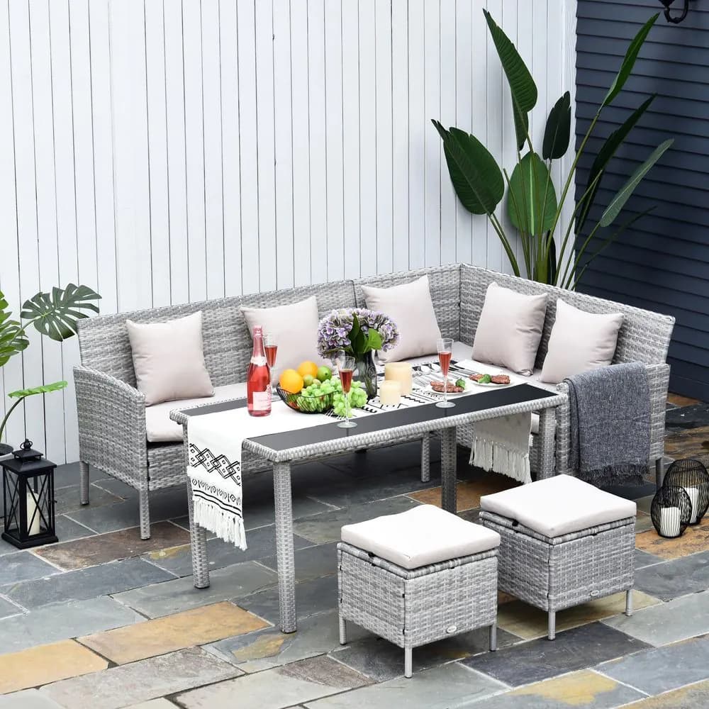 image-5 Pcs Rattan Wicker Furniture Patio Dining Table Stool Chaise Lounge Set